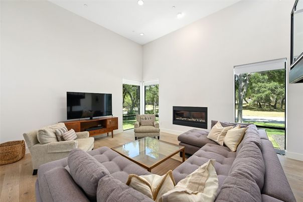 Fireplace, Interior, Living room, Recessed Lighting, Wood Texture Flooring