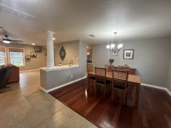 Chandelier, Dining room, Interior, Recessed Lighting, Wood Texture Flooring