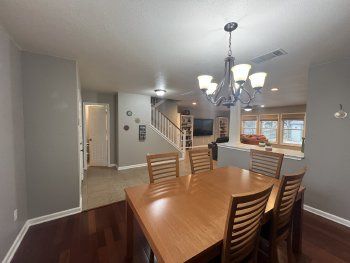 Chandelier, Dining room, Interior, Recessed Lighting, Wood Texture Flooring