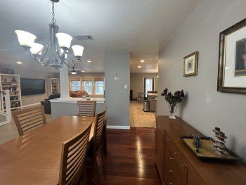 Chandelier, Dining room, Interior, Kitchen, Recessed Lighting, Wood Texture Flooring