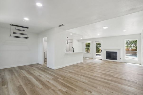 Empty room, Fireplace, Interior, Pendant Lights, Recessed Lighting, Wood Texture Flooring