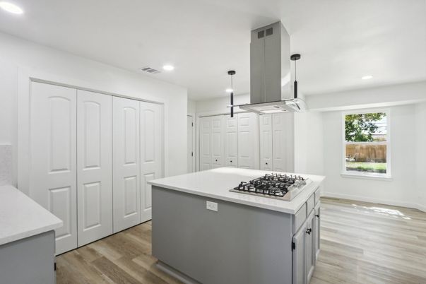 Interior, Kitchen, Pendant Lights, Recessed Lighting, Wood Texture Flooring