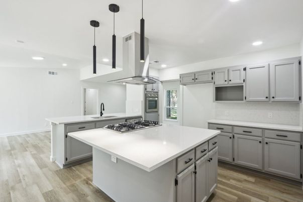 Interior, Kitchen, Pendant Lights, Recessed Lighting, Stainless Steel Appliances, Wood Texture Flooring
