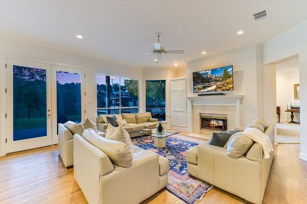 Fireplace, Interior, Living room, Recessed Lighting, Wood Texture Flooring
