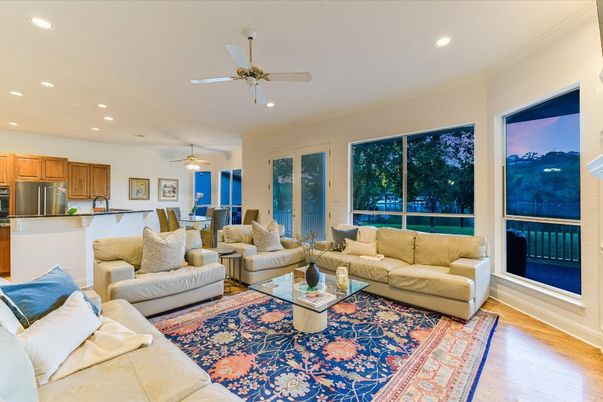Dining room, Interior, Kitchen, Living room, Recessed Lighting, Stainless Steel Appliances, Wood Texture Flooring