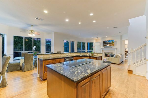 Fireplace, Interior, Kitchen, Living room, Recessed Lighting, Wood Texture Flooring