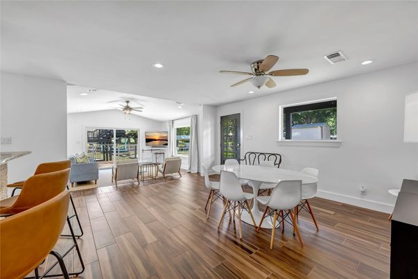 Dining room, Interior, Living room, Recessed Lighting, Wood Texture Flooring