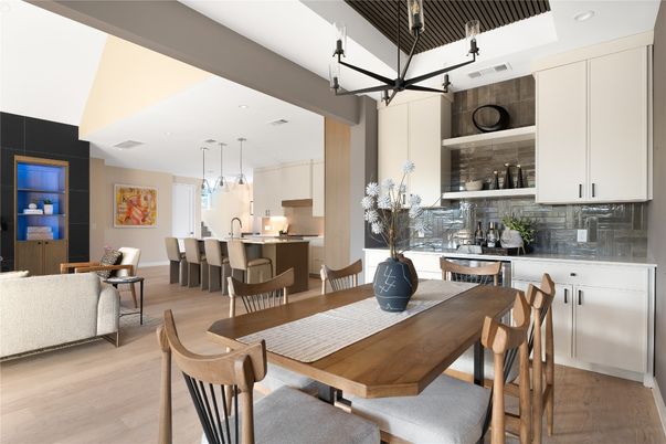 Dining room, Interior, Kitchen, Living room, Pendant Lights, Recessed Lighting, Wood Texture Flooring