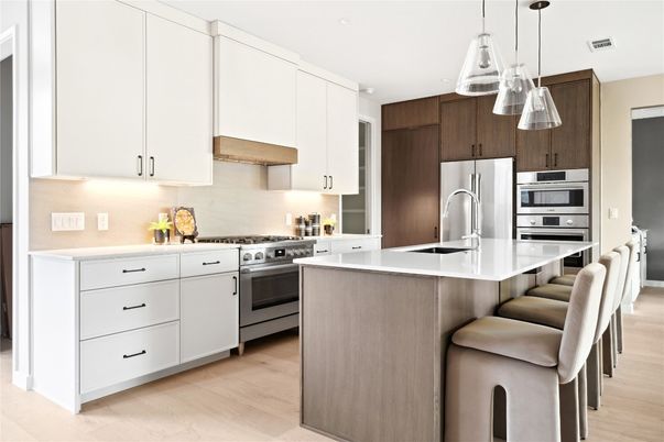 Interior, Kitchen, Pendant Lights, Recessed Lighting, Stainless Steel Appliances, Wood Texture Flooring