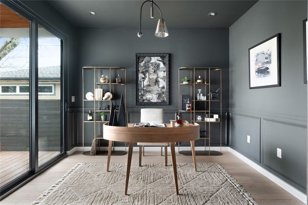 Home Office, Interior, Pendant Lights, Recessed Lighting, Wood Texture Flooring