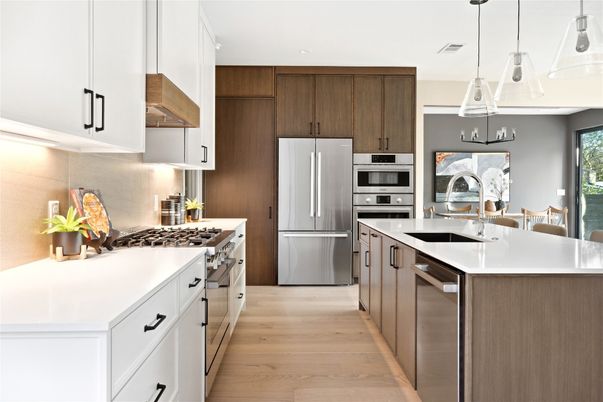 Interior, Kitchen, Pendant Lights, Recessed Lighting, Stainless Steel Appliances, Wood Texture Flooring
