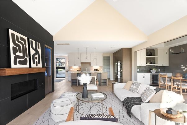 Dining room, Fireplace, Interior, Kitchen, Living room, Pendant Lights, Wood Texture Flooring