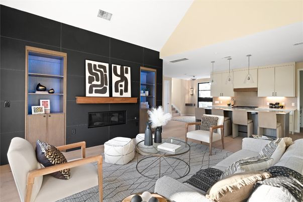 Fireplace, Interior, Kitchen, Living room, Pendant Lights