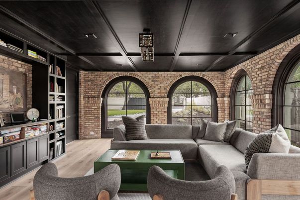 Interior, Living room, Stone Walls, Wood Texture Flooring