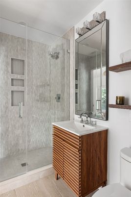 Bathroom, Glass Shower, Interior, Wood Texture Flooring