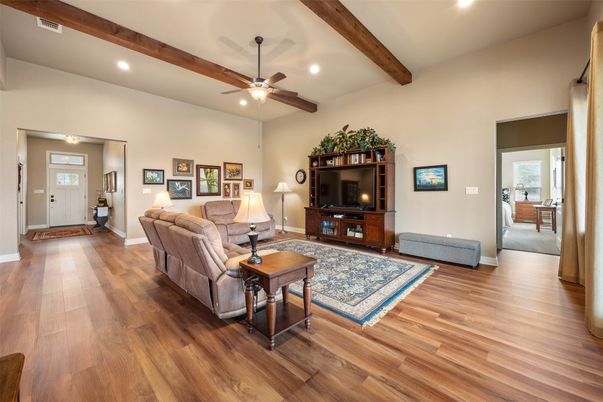 Interior, Living room, Recessed Lighting, Wooden Beams, Wood Texture Flooring