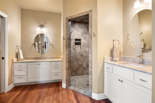 Bathroom, Glass Shower, Interior, Wood Texture Flooring
