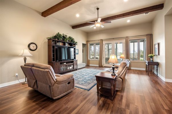 Interior, Living room, Recessed Lighting, Wooden Beams, Wood Texture Flooring