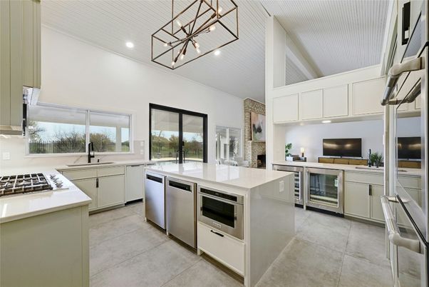 Fireplace, Interior, Kitchen, Pendant Lights, Recessed Lighting, Stainless Steel Appliances