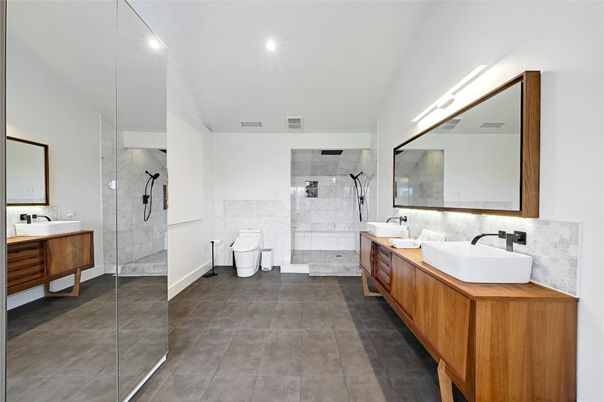 Bathroom, Dual Sink Vanities, Glass Shower, Interior, Recessed Lighting