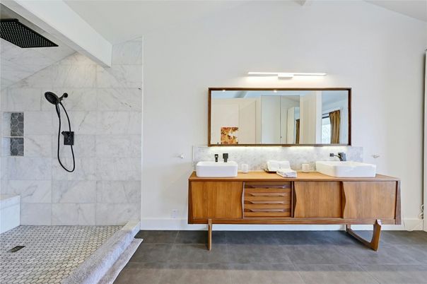 Bathroom, Dual Sink Vanities, Glass Shower, Interior, Marble Walls