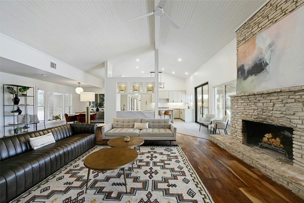 Dining room, Fireplace, Interior, Kitchen, Living room, Pendant Lights, Recessed Lighting, Stone Walls, Wood Texture Flooring