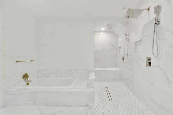 Bathroom, Glass Shower, Interior, Marble Walls, Recessed Lighting