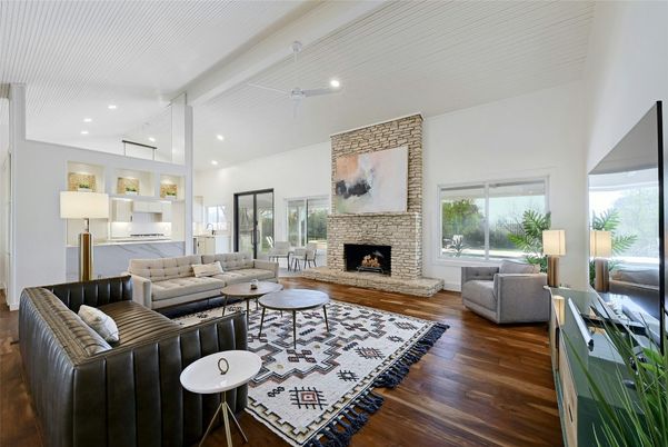 Fireplace, Interior, Living room, Recessed Lighting, Wood Texture Flooring