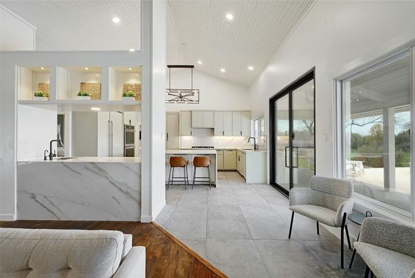 Interior, Kitchen, Marble Walls, Pendant Lights, Recessed Lighting, Stainless Steel Appliances