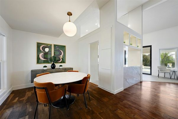 Dining room, Interior, Pendant Lights, Recessed Lighting, Wood Texture Flooring