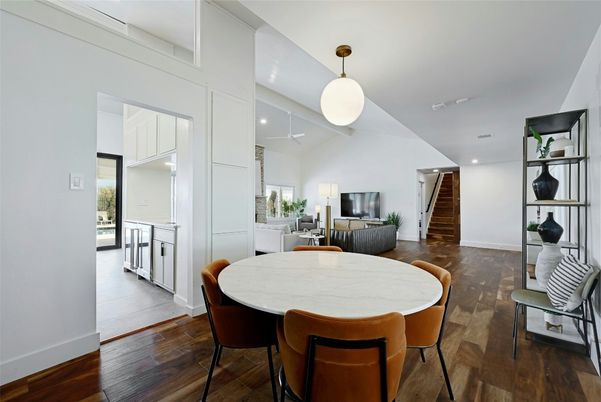 Dining room, Interior, Pendant Lights, Recessed Lighting, Wood Texture Flooring