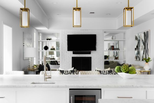 Fireplace, Interior, Kitchen, Pendant Lights, Recessed Lighting, Stone Walls