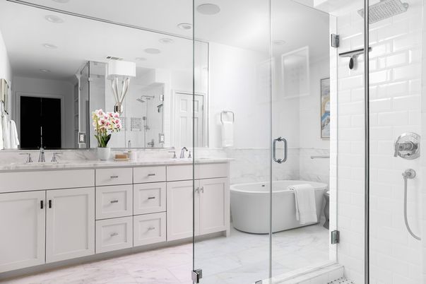 Bathroom, Dual Sink Vanities, Free Standing Baths, Glass Shower, Interior, Marble, Marble Walls, Recessed Lighting