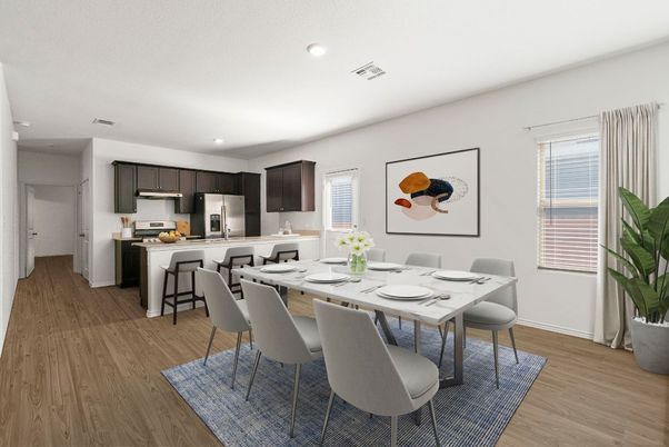 Dining room, Interior, Kitchen, Recessed Lighting, Stainless Steel Appliances, Wood Texture Flooring
