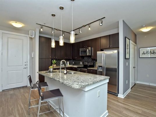 Interior, Kitchen, Pendant Lights, Stainless Steel Appliances, Wood Texture Flooring