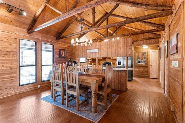 Chandelier, Dining room, Interior, Kitchen, Wooden Beams, Wooden Ceilings, Wood Texture Flooring, Wooden Walls