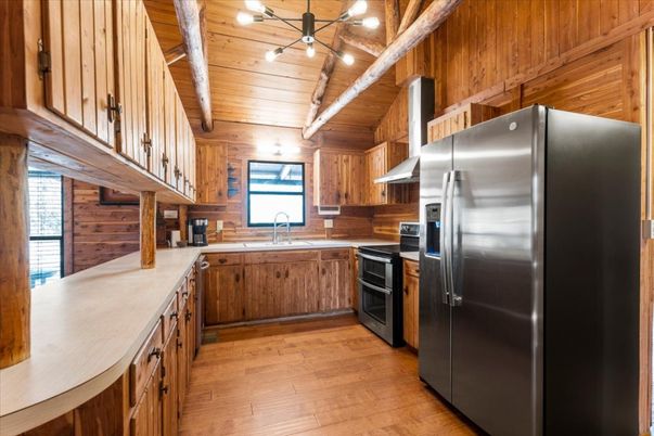 Interior, Kitchen, Stainless Steel Appliances, Wooden Beams, Wooden Ceilings, Wood Texture Flooring, Wooden Walls