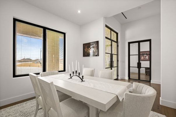 Dining room, Interior, Recessed Lighting, Wood Texture Flooring