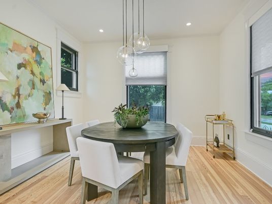 Dining room, Interior, Pendant Lights, Recessed Lighting, Wood Texture Flooring