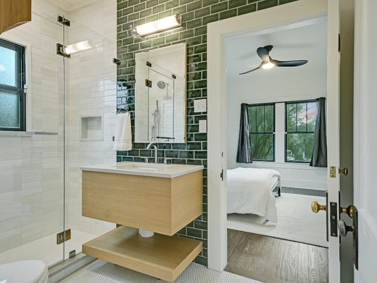 Bathroom, Glass Shower, Interior, Wood Texture Flooring