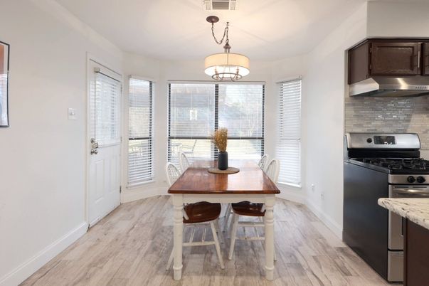 Dining room, Interior, Kitchen, Pendant Lights, Stainless Steel Appliances, Wood Texture Flooring