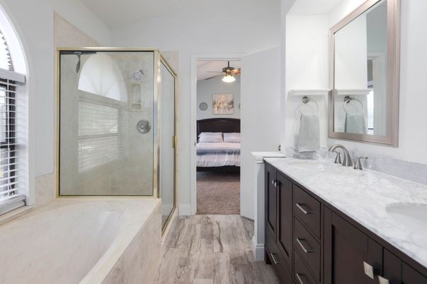 Bathroom, Bedroom, Dual Sink Vanities, Glass Shower, Interior, Wood Texture Flooring