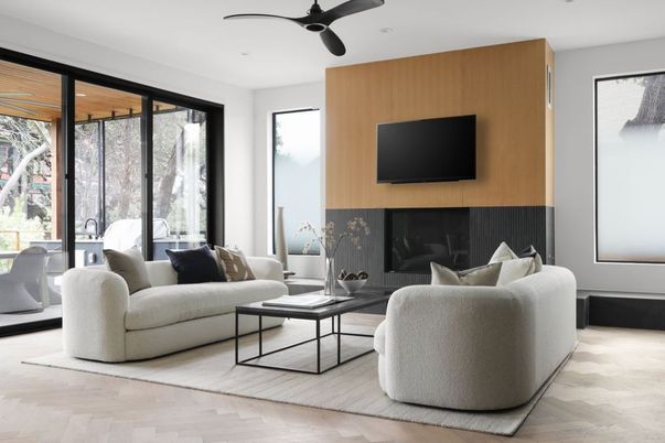 Fireplace, Interior, Living room, Recessed Lighting, Wood Texture Flooring