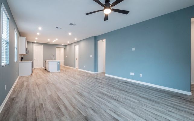 Empty room, Interior, Kitchen, Recessed Lighting, Wood Texture Flooring