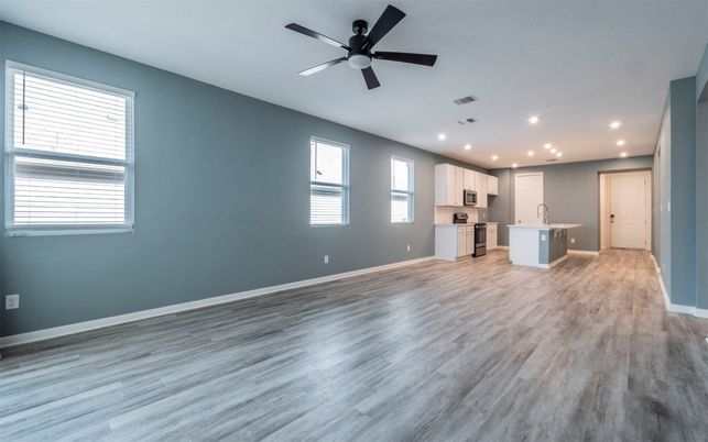Empty room, Interior, Kitchen, Recessed Lighting, Wood Texture Flooring
