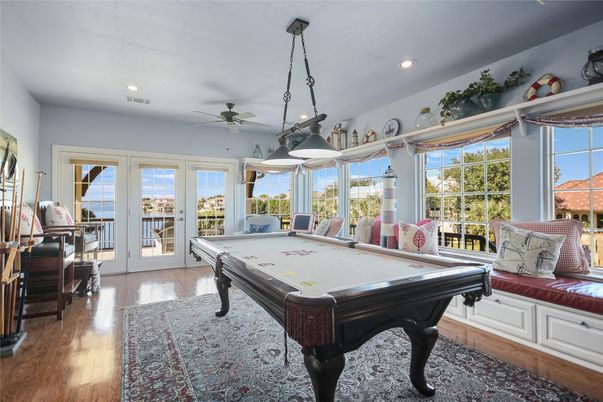 Billiard Table, Game Room, Interior, Pendant Lights, Recessed Lighting, Wood Texture Flooring