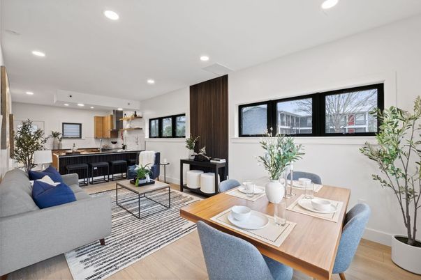 Dining room, Interior, Living room, Recessed Lighting, Wood Texture Flooring