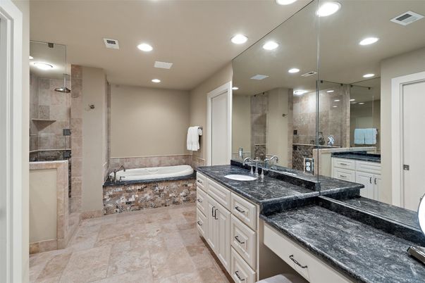 Bathroom, Dual Sink Vanities, Glass Shower, Interior, Recessed Lighting