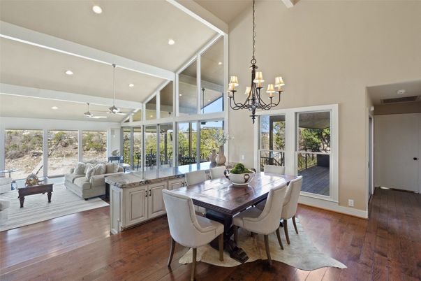 Chandelier, Dining room, Interior, Living room, Recessed Lighting, Wood Texture Flooring