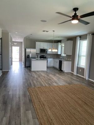 Interior, Kitchen, Pendant Lights, Stainless Steel Appliances, Wood Texture Flooring